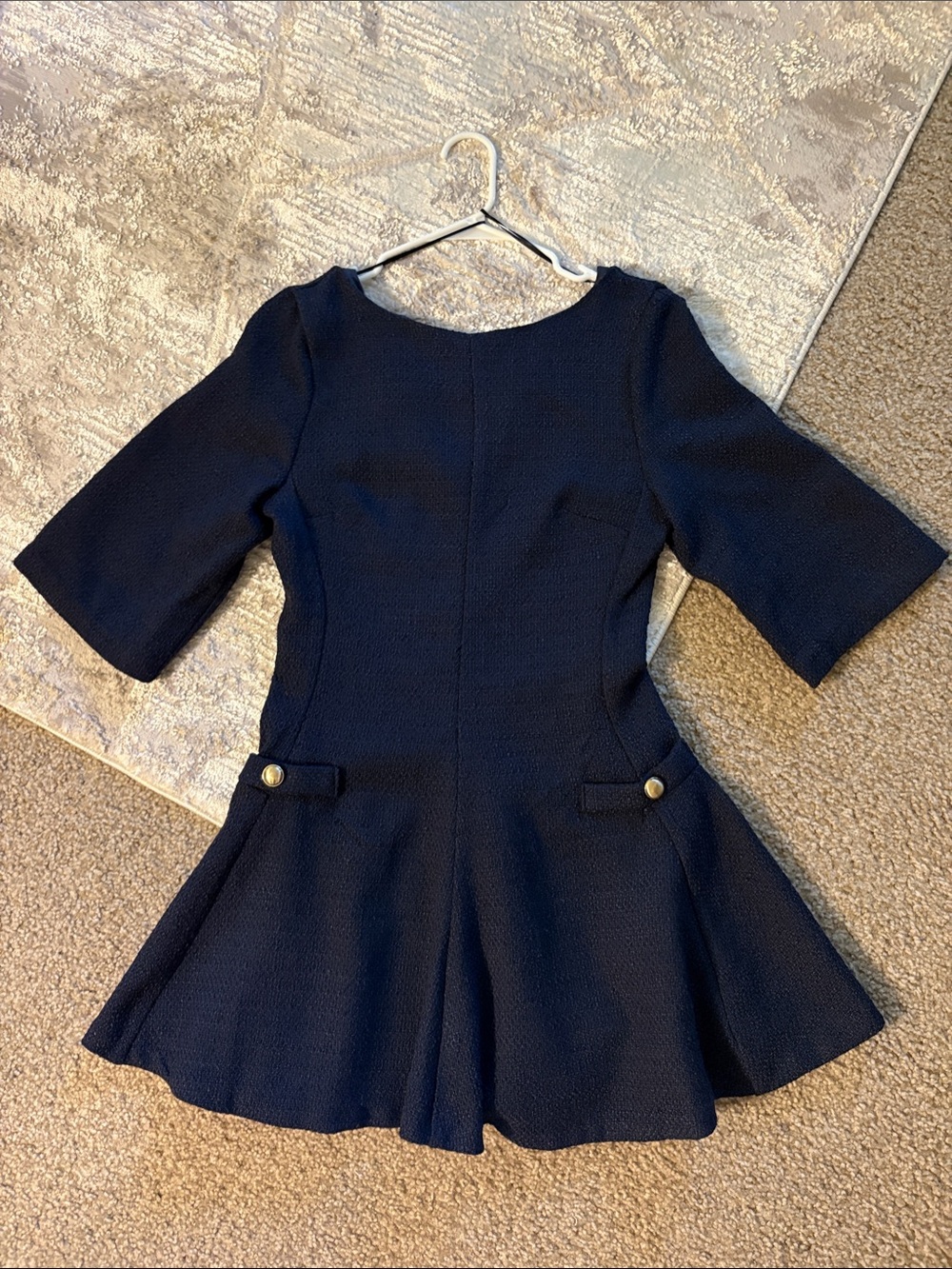 Women’s Dark Blue Textured Flared Romper Gold Button Detail